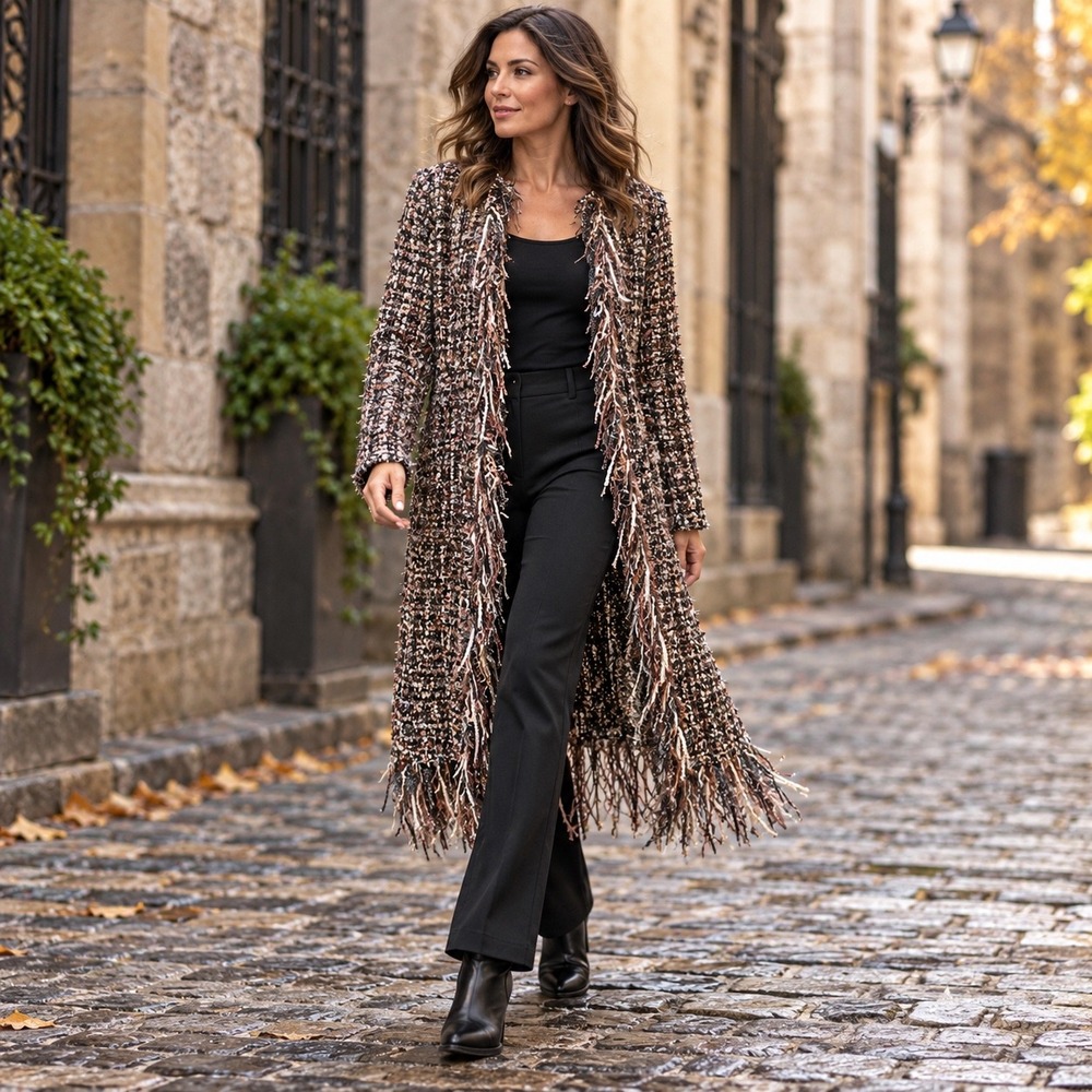Boston Proper NEW Frayed Tweed Duster S Metallic Fringe Statement Coat